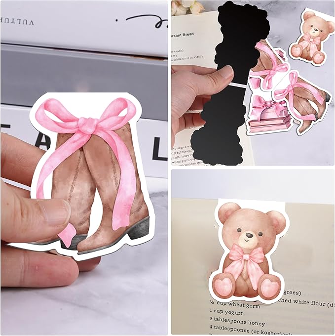 Pink Bows Magnetic Bookmarks, 12 Pcs Girly Magnet Book Mark Clips Gifts for Women Girls Students, Cherry Page Markers, Cute Stationery for Reading Journals Christmas Stocking Stuffers