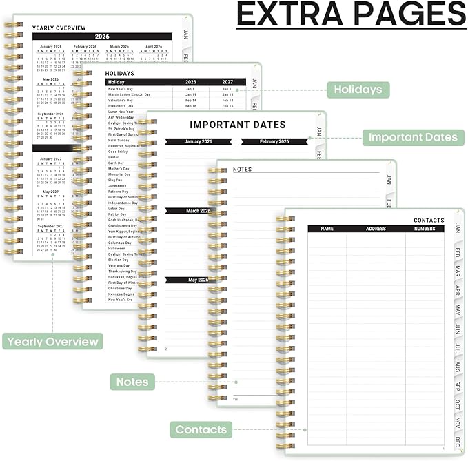 2026 Planner, Weekly and Monthly Calendar Planner, January 2026 - December 2026, Hardcover 2026 Calendar Book with Tabs For Women & Men, Inner Pocket, Spiral Bound, Perfect for Office Home School Supplies - A4 (8.5" x 11"), Mint