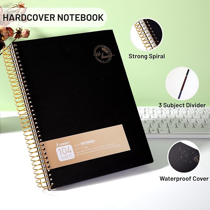 8.5 x 11 Large Spiral Notebook 3 Subject Spiral Notebook Hardcover Spiral Notebook for note taking 120 Sheets College Ruled Journal for School Office Supplies Writing Journal,Black