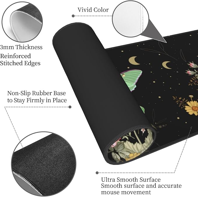 Moon Phase Moth Garden Black XXL XL Large Gaming Mouse Pad for Desk, Non-Slip Long Extended Keyboard Pads Mousepad Rubber Table Mat 31.5 X 11.8 Inch