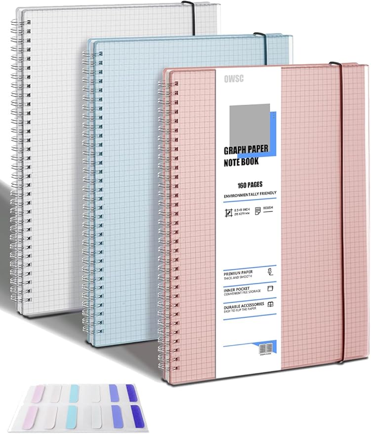 3 Pack Graph Notebook, 8.5 x 11 Inches Spiral Notebooks for Work, School and Journal with 110 GSM Graph Paper, Large Notebook with 80 Sheets/160 Pages, Hardcover Grid Paper Notebook