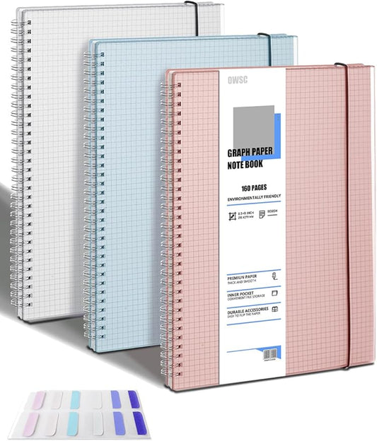 3 Pack Graph Notebook, 8.5 x 11 Inches Spiral Notebooks for Work, School and Journal with 110 GSM Graph Paper, Large Notebook with 80 Sheets/160 Pages, Hardcover Grid Paper Notebook