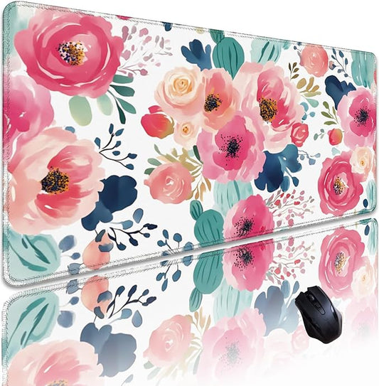 Pink Floral Mouse Pad 31.5x11.8 Inch, Women Girls Flowers Lager Desk mat with Non-Slip Base, Micro-Woven Fabric Stitched Edges for Office Computer Gaming