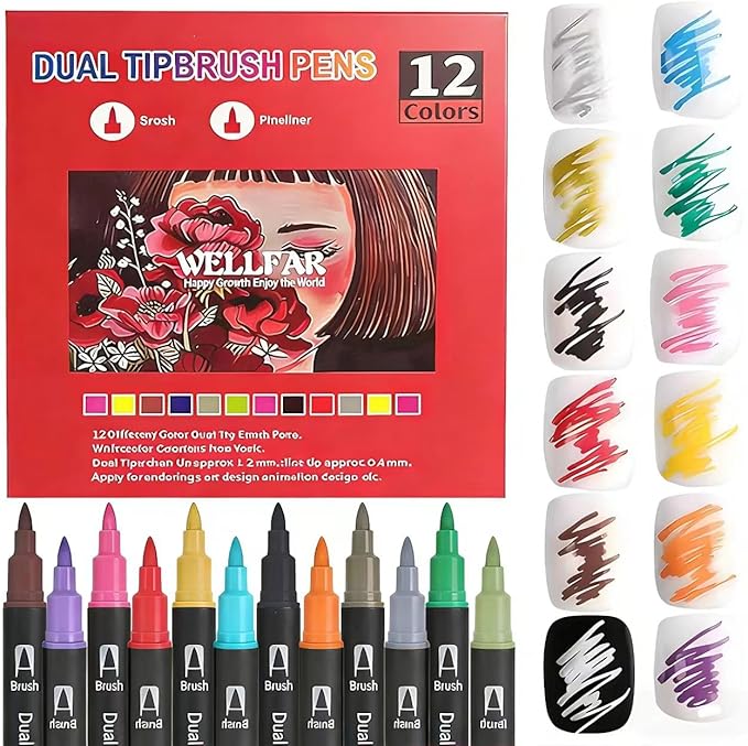 Dual Tip Markers for Adult Coloring Books No Bleeding – Gel Acrylic Paint (Fine & Brush) Pen for Sketching, Drawing, Rock Painting, Journaling, Non Bleed Art Marker Set for Kids/Teens. 12 Colors