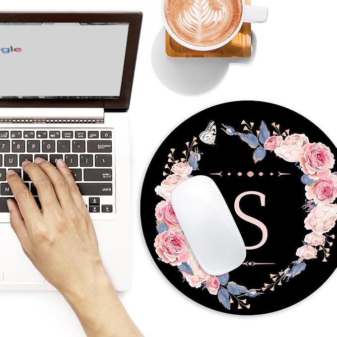 Letter S Black and Pink Flowers Round Mouse Pad, Funny Small Mouse Mat with Non-Slip Rubber Base, Home Office Decor Desk Accessory, 8.7inch Round