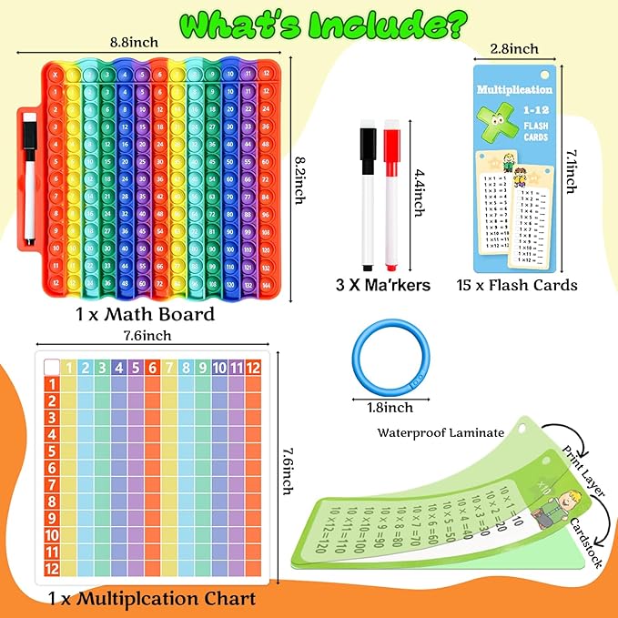 Multiplication Flash Cards + Math Board, Math Flash Cards & Chart, Times Table Manipulatives for Preschoolers 3rd,4th,5th,6th Grade