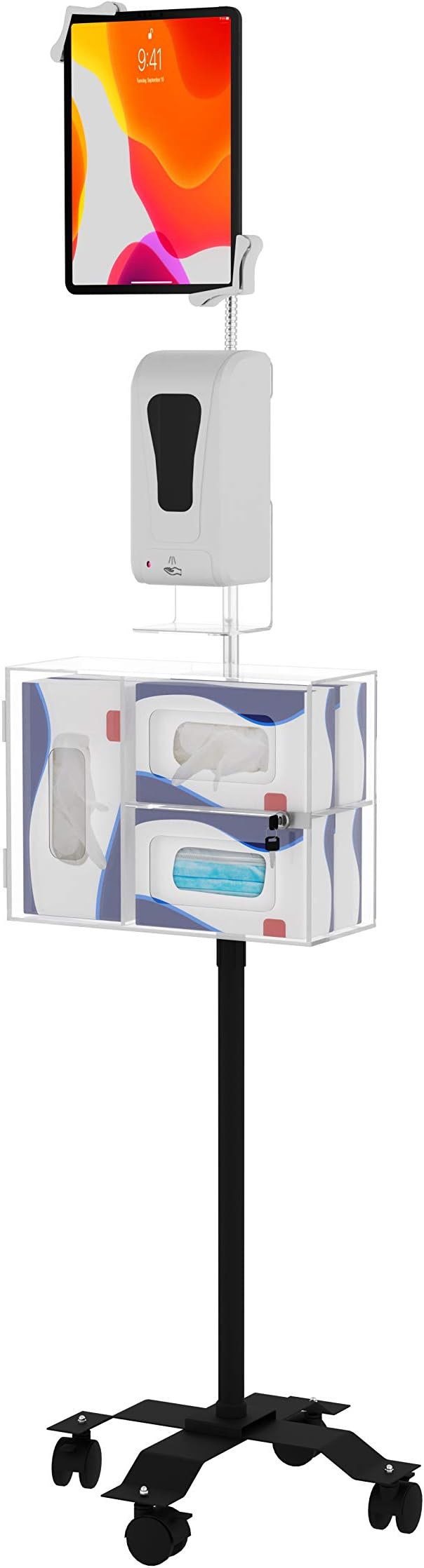 Gooseneck Floor Stand – CTA Compact, Height-Adjustable Sanitizing Station w/Automatic Soap Dispenser and Holder for iPad 7th/ 8th/ 9th Gen 10.2”, Surface Pro 4, and Other 7-13” Tablets (PAD-CGSST)