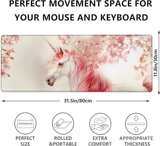 Elegant Unicorn Gaming Mouse Pad, Cute Unicorns with Pink Mane Large Desk Mat for Computer, Extended Keyboard Laptop Mouse Pads 31.5×11.8in, Non Slip Rubber Mousepad for Office Decor Gifts