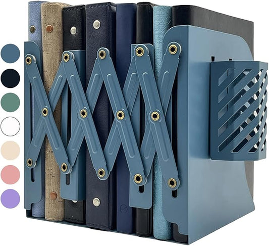 Kingsmile Book Ends, Adjustable Bookends for Shelves, Metal Bookends for Heavy Books, Book Stopper Organzier with Pen Holder for Desk, Kids Room, Office, Classroom, Library, Study Room.(Blue)