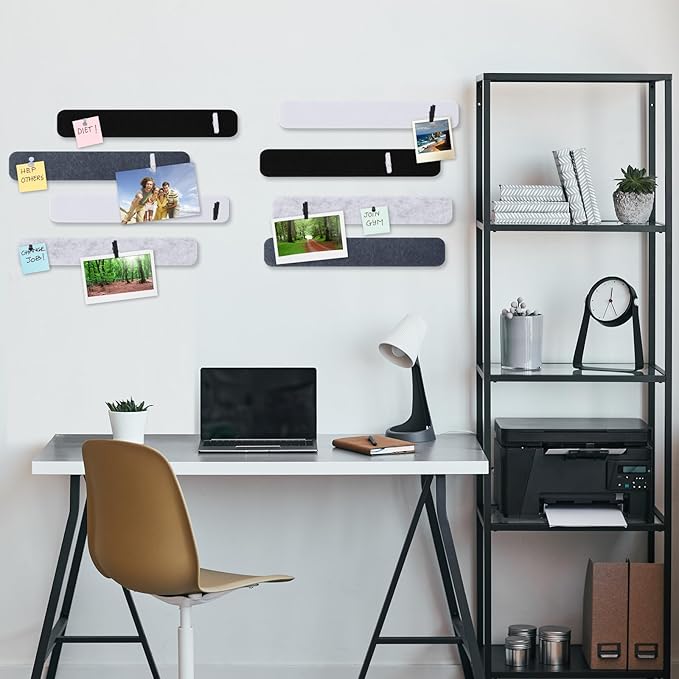 8 Pcs Felt Pin Board Bar Strips Bulletin Board 50 Pushpins and 10 Wooden Clip Pins Self Adhesive Cork Boards for Offices Home Wall Display Photos, Paste Notes, Schedules(Gray)