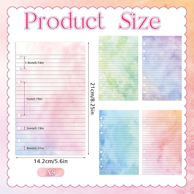 100 Sheets Gradient A5 Refill Papers for Planner Binder Insert, 120GSM Thick Loose Leaf Lined Paper, 6 Hole Notebook Filler Paper for A5 6 Ring Budget Travel Journal Diary Binder, Watercolor