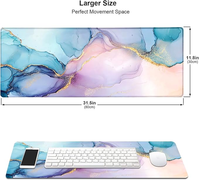 Pink Gold Texture Marble Large Mouse Pad, Desk Mat Computer Keyboard Pad Non-Slip Rubber Base Waterproof with Stitched Edges for Laptop Gaming, Office & Home 31.5 x 11.8 Inch
