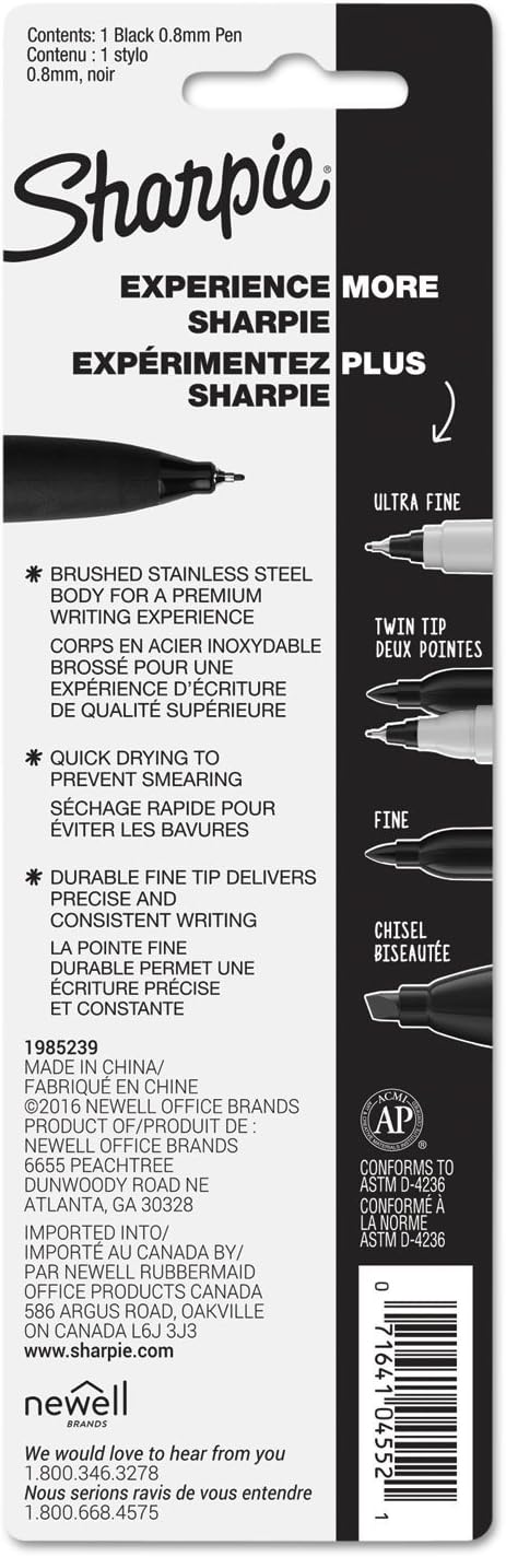 Sharpie Stainless Steel Grip Pen, Fine Point (0.8mm), Black, 1 Count