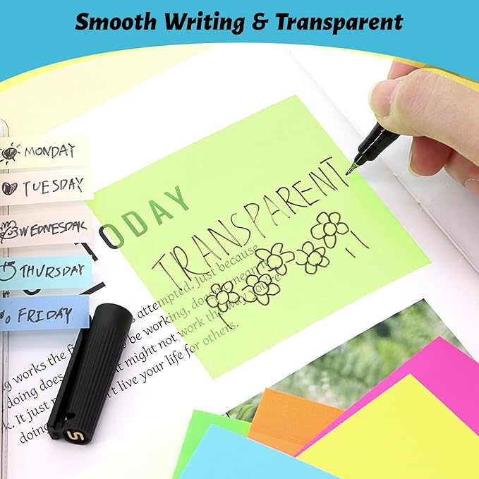 800 Sheets Transparent Sticky Notes, 3x3 Inch 14 Pads Self-Adhesive Translucent Clear See Through Post Sticky Notes for Planner Office School College Teacher Student Supplies 6 Bright Color