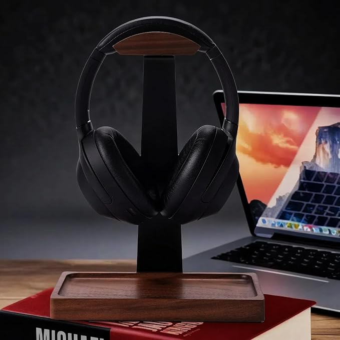 Walnut Headphone Stand, Wood Headset Stand for Desk, Wooden Universal Headphone Holder with Storage Base for Gaming, AirPods Max, Bose,Razer, Sennheiser (Black)