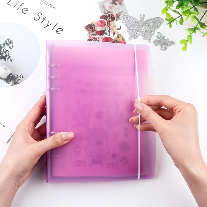 A5 6 Ring Binder Cover Clean Transparent Soft PVC for Refillable Notebook Shell with Snap Button Closure Matte Surface for Stamp & Die Storage Traveler Planner Diary Pages （Purple
