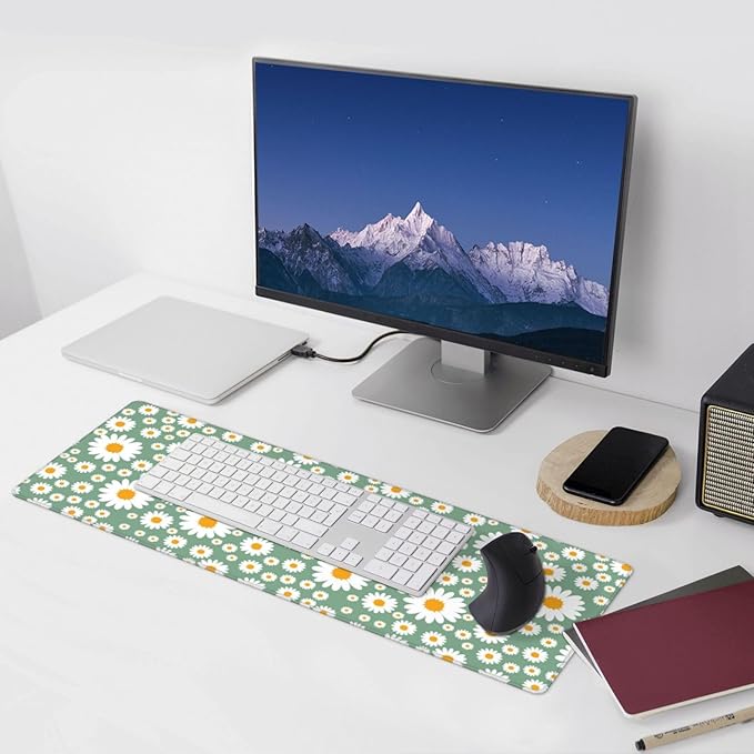 Daisy Flowers Large Mouse Pad with Stitched Edges Long Non-Slip Rubber Base Spring Floral Print Mousepad Laptop Keyboard Mat Desk Pad for Office Home Desk Decor, 31.5" X 11.8"