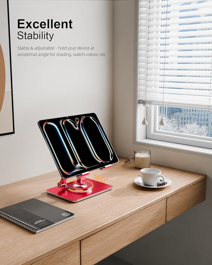 Tablet Stand Holder with Thickened 360°Rotating Base Dual Rod Adjustable Aluminum Stand for All 5.8-12.9” iPad Samsung Phone Tablet Kindle E-Reader and More, Red