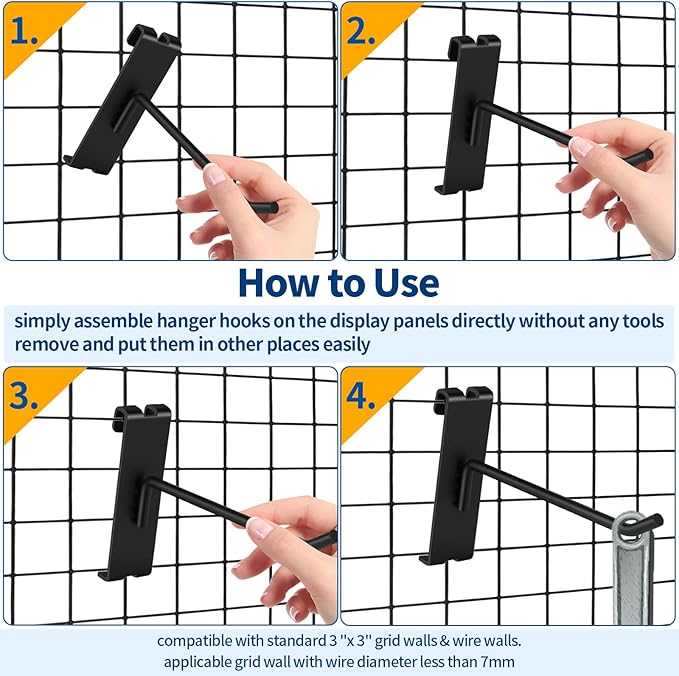 20Pcs Gridwall Hooks, Metal Grid Panel Hanging Peg Hooks, Grid Wall Accessory for Clothes Storage, Home Organization, Retail Display (Black, 8"/20Cm)