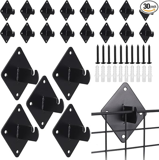 30 Pcs Gridwall Mount Brackets with Screws, Metal Grid Panel Wall Mounting Bracket, Grid Wall Accessory Suitable for Warehouse, Offices, Cloakroom and Retail Display Wall, Black