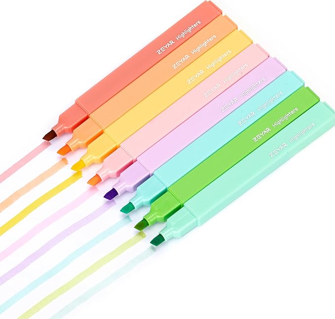 ZEYAR Aesthetic Cute Highlighter Pens, Cream Chisel Tip, Water Based, Quick Dry, No Bleed for Bible, Four Seasons Color Series (8 Summer Colors)