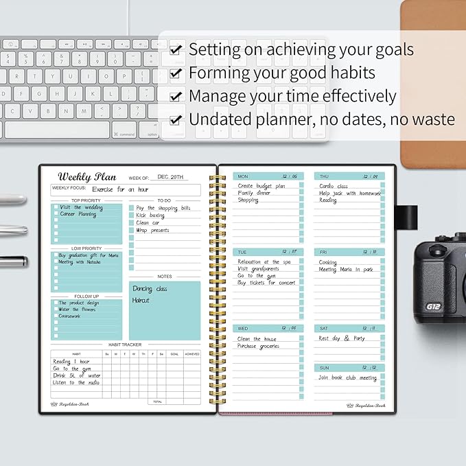 Weekly Planner Undated, Weekly Goals Schedule Planner Regolden-Book To Do List Notebook Calendars Organizers Habit Tracker Journal for Man & Women, Spiral Binding, Pocket, Pen Loop, 53 Weeks (7x10")