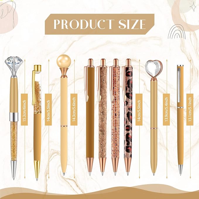 Janmini 9 Pcs Ballpoint Pens Set Metal Crystal Diamond Glitter Pens for Journaling Black Ink Pretty Cute Things Fancy Stationery Gifts for Women Girls Birthday Home Office Desk(Brown)