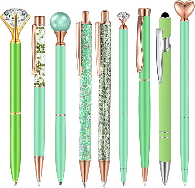 Janmini 9 Pcs Ballpoint Pens Set Metal Crystal Diamond Glitter Pens for Journaling Black Ink Pretty Cute Things Fancy Stationery Gifts for Women Girls Birthday Home Office Desk(Green)