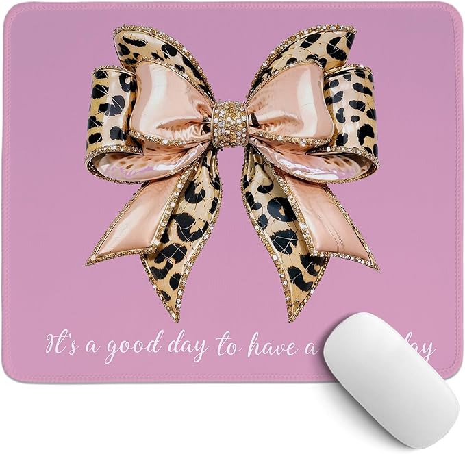 Pink Leopard Bow Mouse Pad,Coquette Pink Cheetah Bow Desk Pad,Girly Preppy Positive Affirmations Desk Mat for Girls Dorm Home Office Desktop Decor,10.2x8.2 Inch