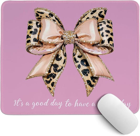 Pink Leopard Bow Mouse Pad,Coquette Pink Cheetah Bow Desk Pad,Girly Preppy Positive Affirmations Desk Mat for Girls Dorm Home Office Desktop Decor,10.2x8.2 Inch
