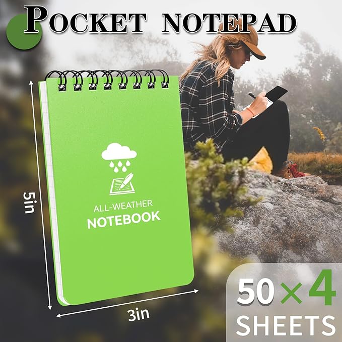 Waterproof Notebook, 4 Pack Top-Spiral Pocket Notepad, 3" x 5" Weatherproof NotePad, All Weather Police Pocket Notebook Little Memo Steno Note Pads for Outdoor Office School Recording, Mixcolor