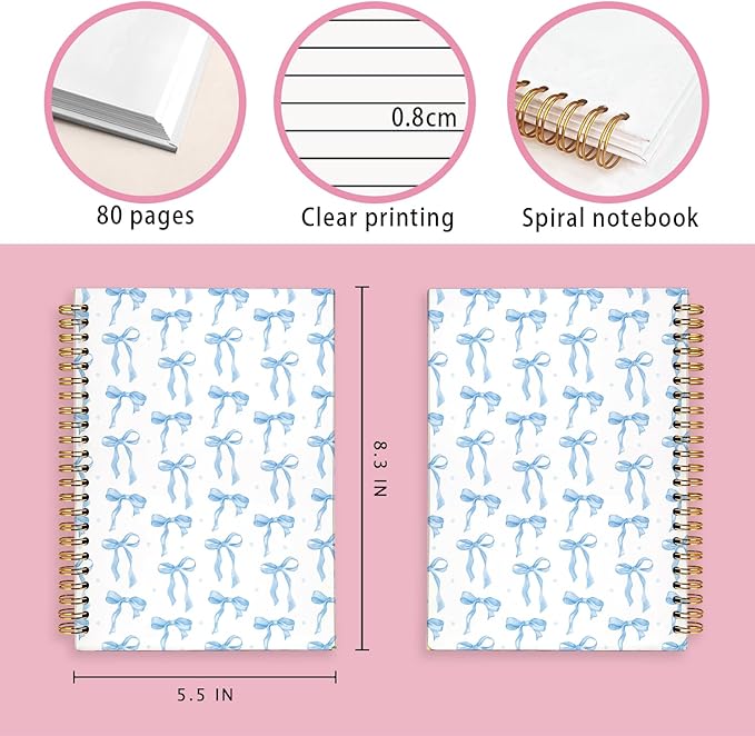 Coquette blue Bow Notebook Journal, Preppy Aesthetic Journal, Preppy Gifts for Women, blue Office Supplies, Hardcover Spiral Notebook 80 Sheets -160 Pages 5.5x8.3 Inch