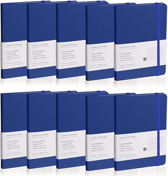 Lined Journal Notebook, 10Pack Hardcover Notebook for Men & Women – Journals for Writing, Work, School, Home & Daily Notes, 160 Pages – Medium A5, 5.7"x8", 100 gsm Thick Paper (Blue)