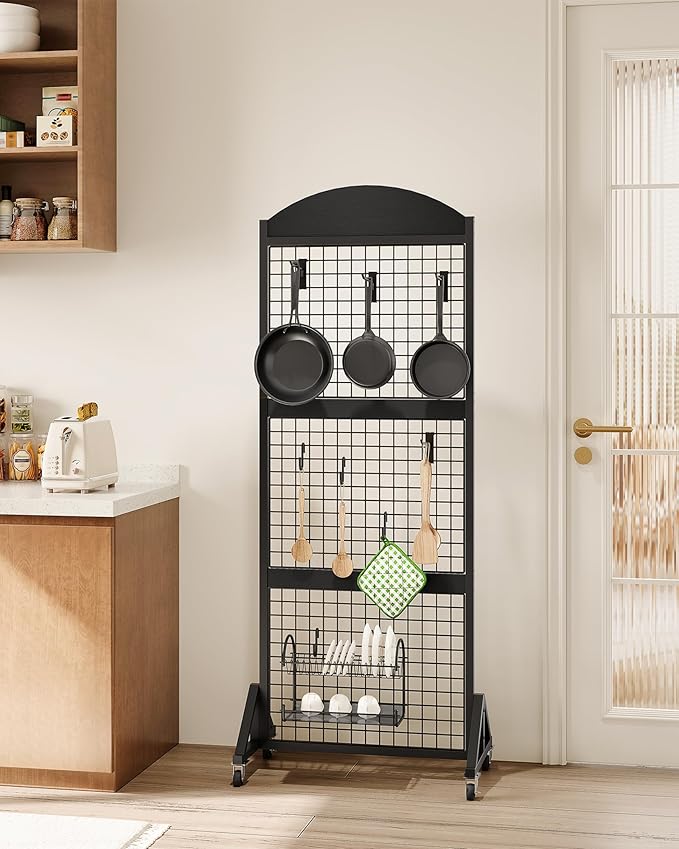 Grid Wall Panel 5.7’ x 2’ FT Grid Display Rack, Movable Gridwall Display Stand with Wheels, Sturdy Floorstanding Wire Grid Rack with 4 S-Shaped Hooks and 4 Garment Hooks, Black TCJ17BB