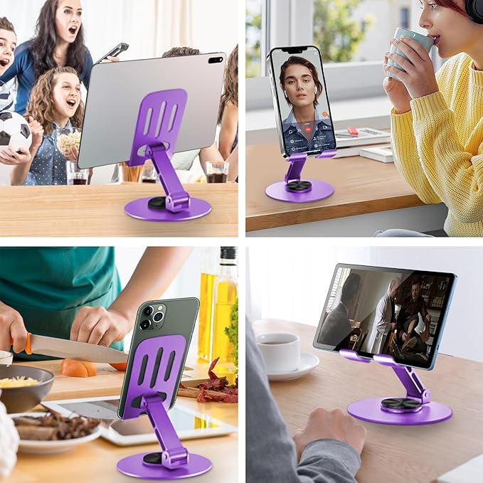 Universal Metal Cell Phone Stand, Multi-Angel Adjustable 360° Rotation Non-Slip Metal Phone Stand Compatible with iPhone 17 16 Pro Max and All Smartphones (Purple&Purple)