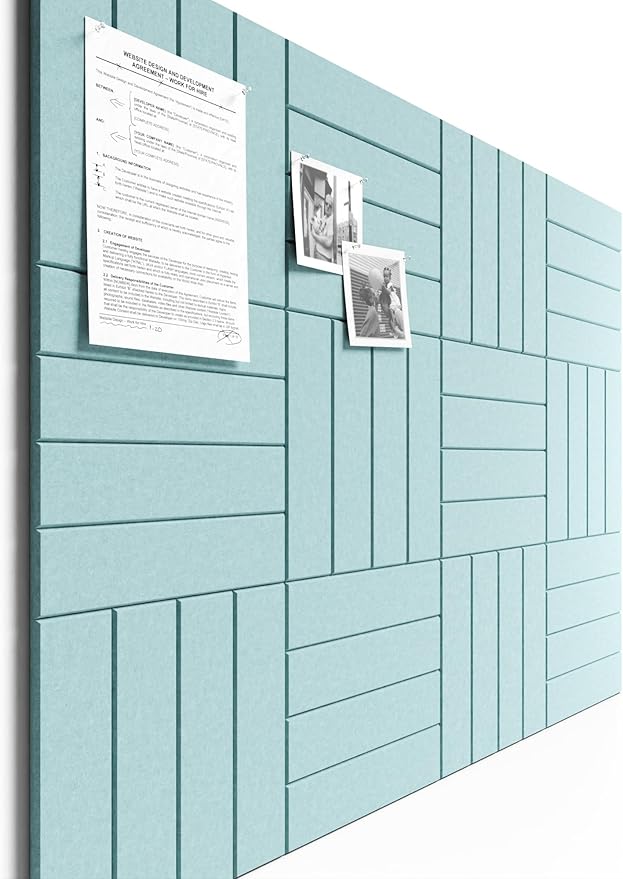 Bumusty Large Cork Board Alternative-48 x 36" Felt Bulletin Board Tiles, with 30 Pushpins, 70 Adhesive Tabs, 12-Pack Slat Wall Paneling, Cork Boards for Office Push Pin Board Felt Board-Aqua Blue