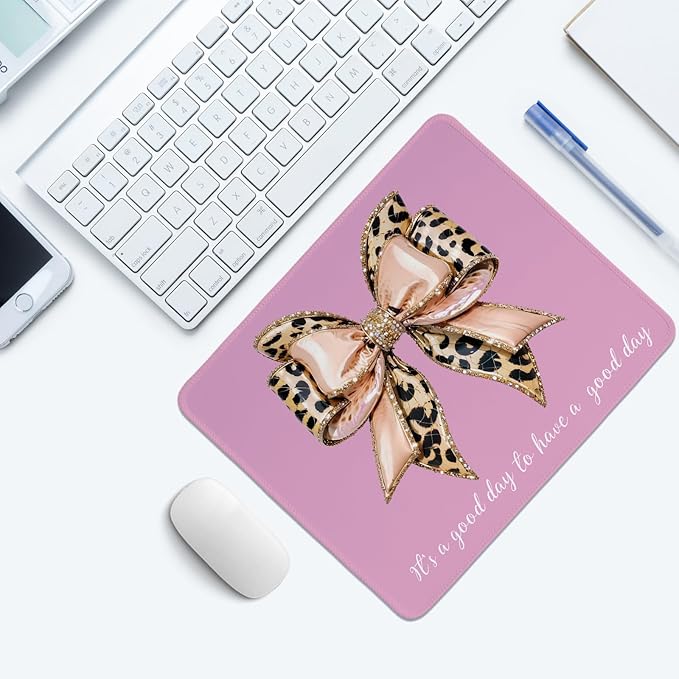 Pink Leopard Bow Mouse Pad,Coquette Pink Cheetah Bow Desk Pad,Girly Preppy Positive Affirmations Desk Mat for Girls Dorm Home Office Desktop Decor,10.2x8.2 Inch