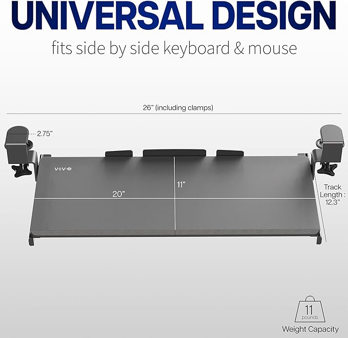 VIVO Small Keyboard Tray, Under Desk Pull Out with Extra Sturdy C Clamp Mount System, 20 (26 Including Clamps) x 11 inch Slide-Out Computer Platform Drawer, White, MOUNT-KB05ES-W