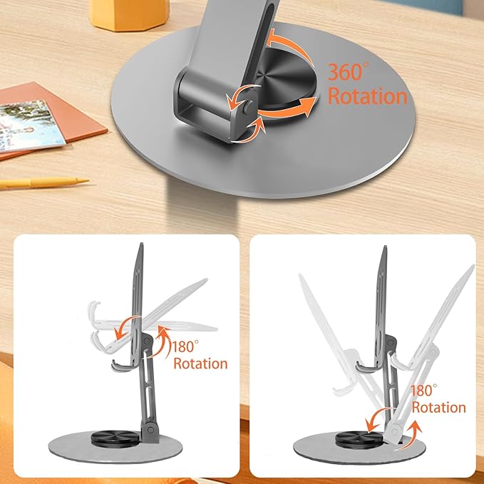 2PCS Cell Phone Stand, Multi-Angel Adjustable 360° Rotation Non-Slip Metal Phone Stand Compatible with iPone Android Smartphone and Tablet(Grey&Grey)