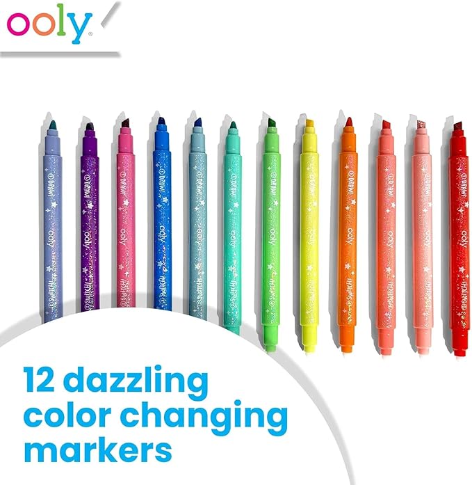 Ooly 12 Pack Sparkle Switch-eroo Color Changing Markers, Dual Tip Markers for Kids, Double Ended Chisel Tip Marker Set Great for Art Supplies, Drawing and Stationery Sets