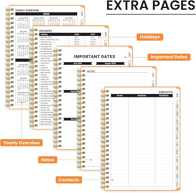 2026 Planner, Weekly and Monthly Calendar Planner, January 2026 - December 2026, Hardcover 2026 Calendar Book with Tabs For Women & Men, Inner Pocket, Spiral Bound, Perfect for Office Home School Supplies - A5 (6.3" x 8.5"), Bright Orange