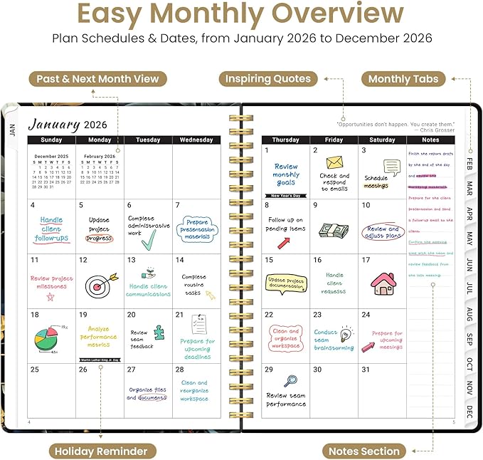 2026 Planner, Weekly and Monthly Planner for Women, January 2026 to December 2026, Pretty Hardcover 2026 Calendar Planner Book with Tabs, Inner Pocket, Spiral Bound, Perfect Office Home School Supplies - 6.3" x 8.5", Tropical Parrot