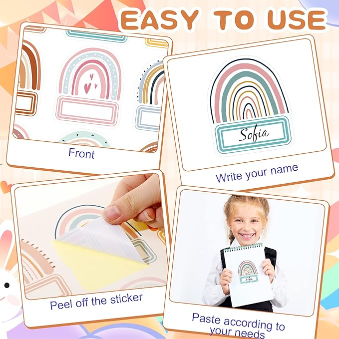 Sabary 90 Pcs Cutout Name Tags Water Bottle Labels Daycare Labels Self Adhesive Name Stickers Gift Tags for Classroom Home Desk Bulletin Board Decoration Party Favor 10 Sheets (Rainbow)