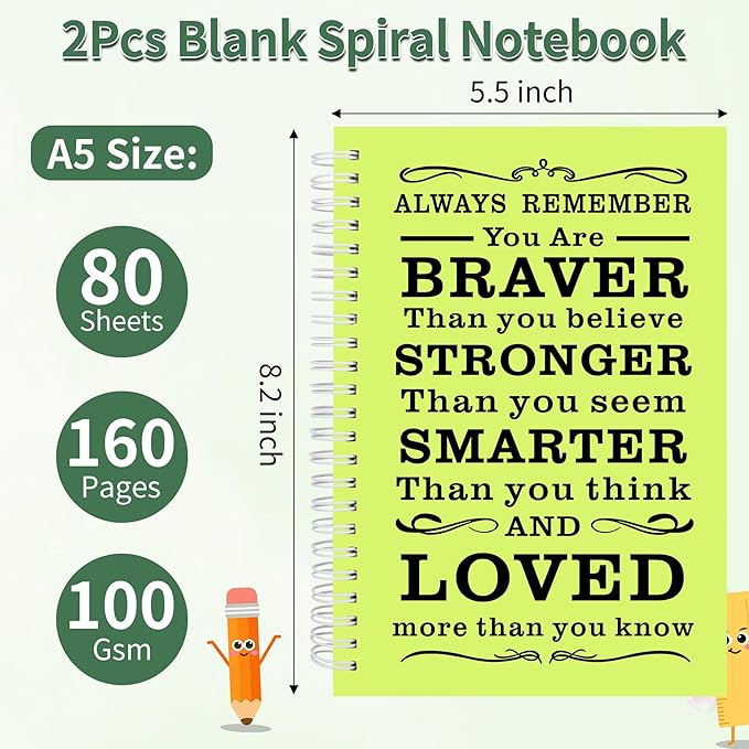 2Pcs Blank Spiral Notebook,Inspirational Gifts A5 Hardcover Sketch Book,Art Sketchbook for Drawing, Unlined, Plain Sketch Book for Women Men Work Writing,160 Pages (2, Blank Page Light Green)