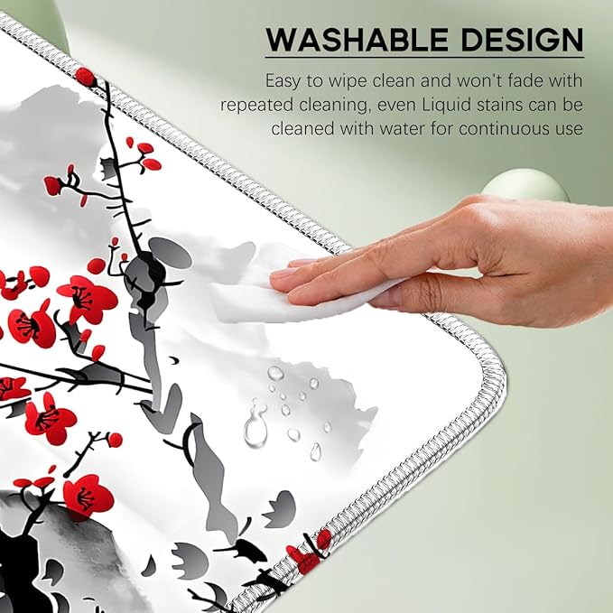 Japanese Sakura Mouse Pad 31.5x11.8 Inch Watercolor Cherry Blossom Floral White Desk mat Large Non-Slip Rubber Base Waterproof with Stitched Edges for Gaming and Office(Red Moon)
