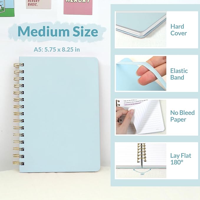SUNEE Journaling Notebooks, A5 Lined Spiral Notebook for Women, 146 Pages College Ruled Hardcover Notebook for Work, Note Taking, Journaling and Office School Supplies, A5 - Blue
