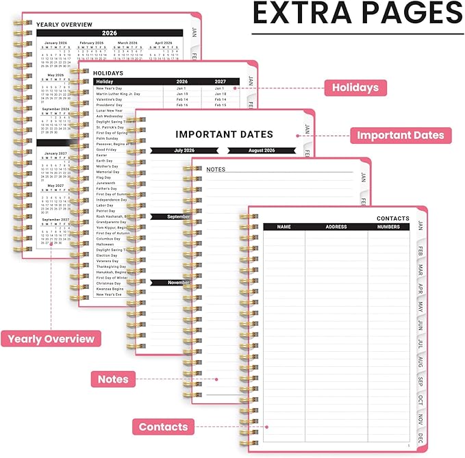 2026 Planner, Weekly and Monthly Calendar Planner, January 2026 - December 2026, Hardcover 2026 Calendar Book with Tabs For Women & Men, Inner Pocket, Spiral Bound, Perfect for Office Home School Supplies - A4 (8.5" x 11"), Peach Pink