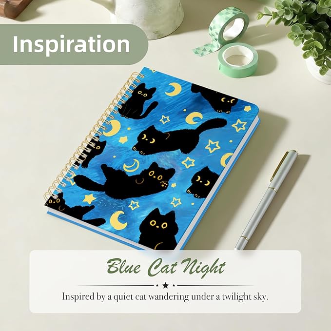 Stanoha Cute Spiral Notebook A5 Journal for Women Girls Kawaii Aesthetic Pretty Floral Design with Pocket, 8.5 x 5.7 inch, Graph, Blue Black Cat