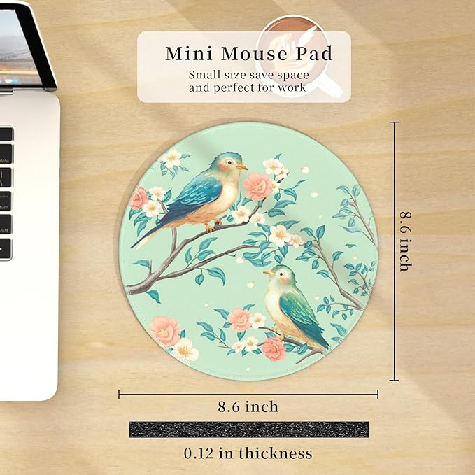 Mouse Pad for Desk, Floral Flower Bird Small Cute Mousepad with Non-Slip Base, Round Mouse Pads for Wireless Mouse Laptop Gaming, Computer Mouse Mat for Home Office Travel Desk Accessories