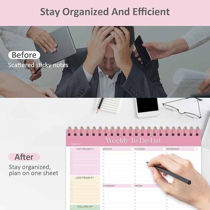 Weekly To Do List Notepad with 52 Undated Sheets (8.5"×11"), Desk Weekly Planner Notepad for Office Desk Accessories and School Supplies (Pink)